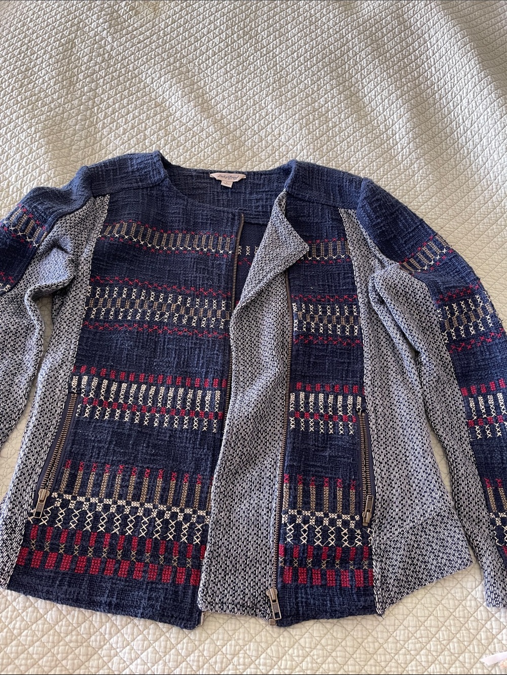 Men's Navy Patterned Zip Cardigan Sweater